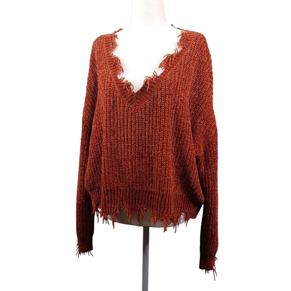 Belle Du Jour Women's Chenille Sweater Size XL Orange Cropped Distressed Grunge‎